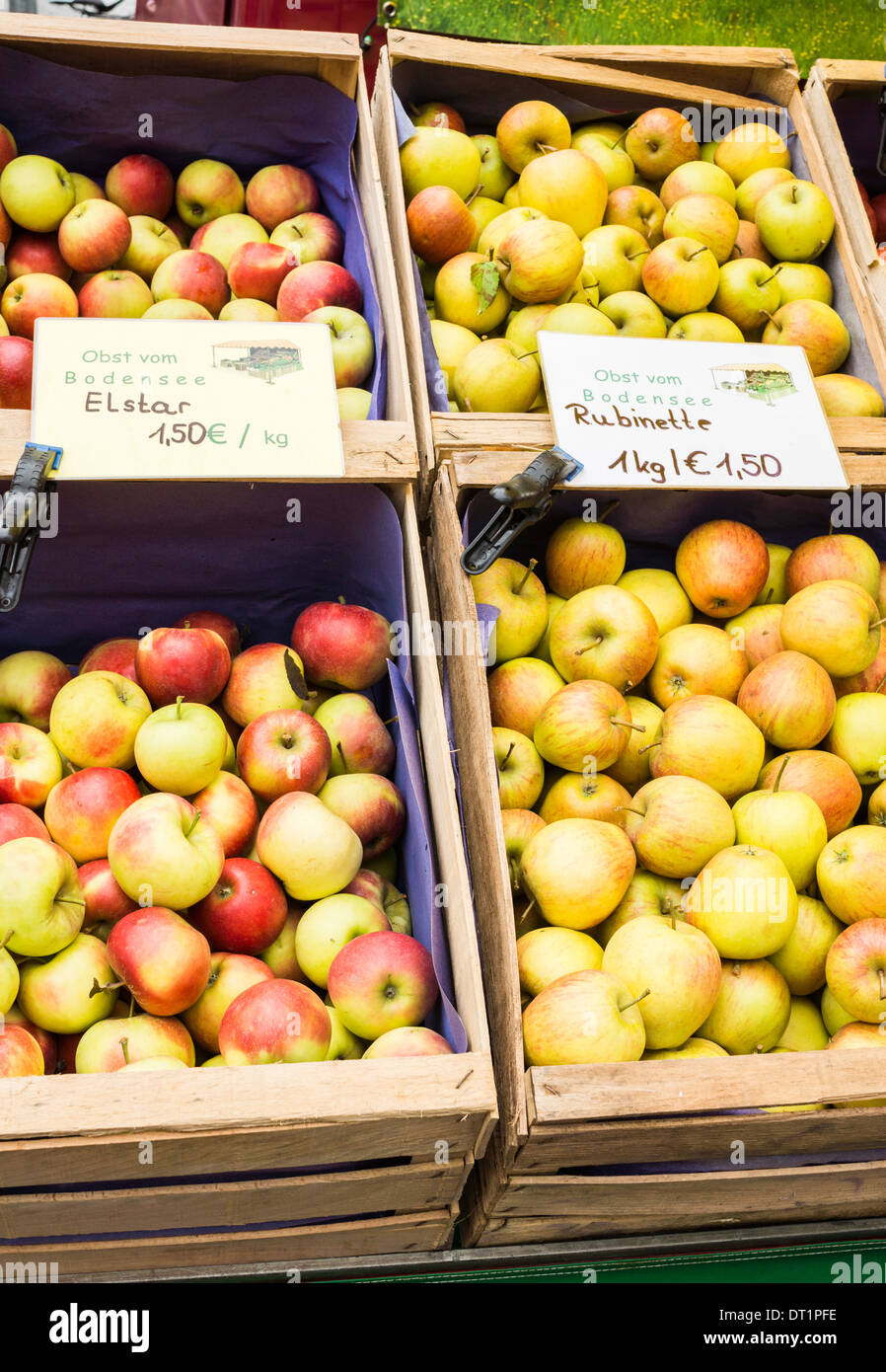 variety of apples from the  lake constance  region, famous for its orchards, for sale on a outdoor market, oberstdorf, bavaria, Stock Photo