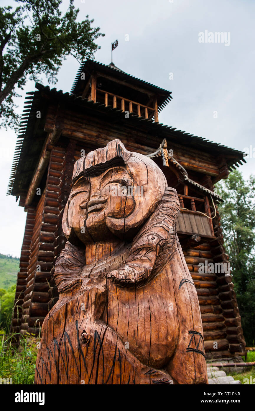 Traditional wood carving in the Ewenen Museum in Esso, Kamchatka, Russia, Eurasia Stock Photo