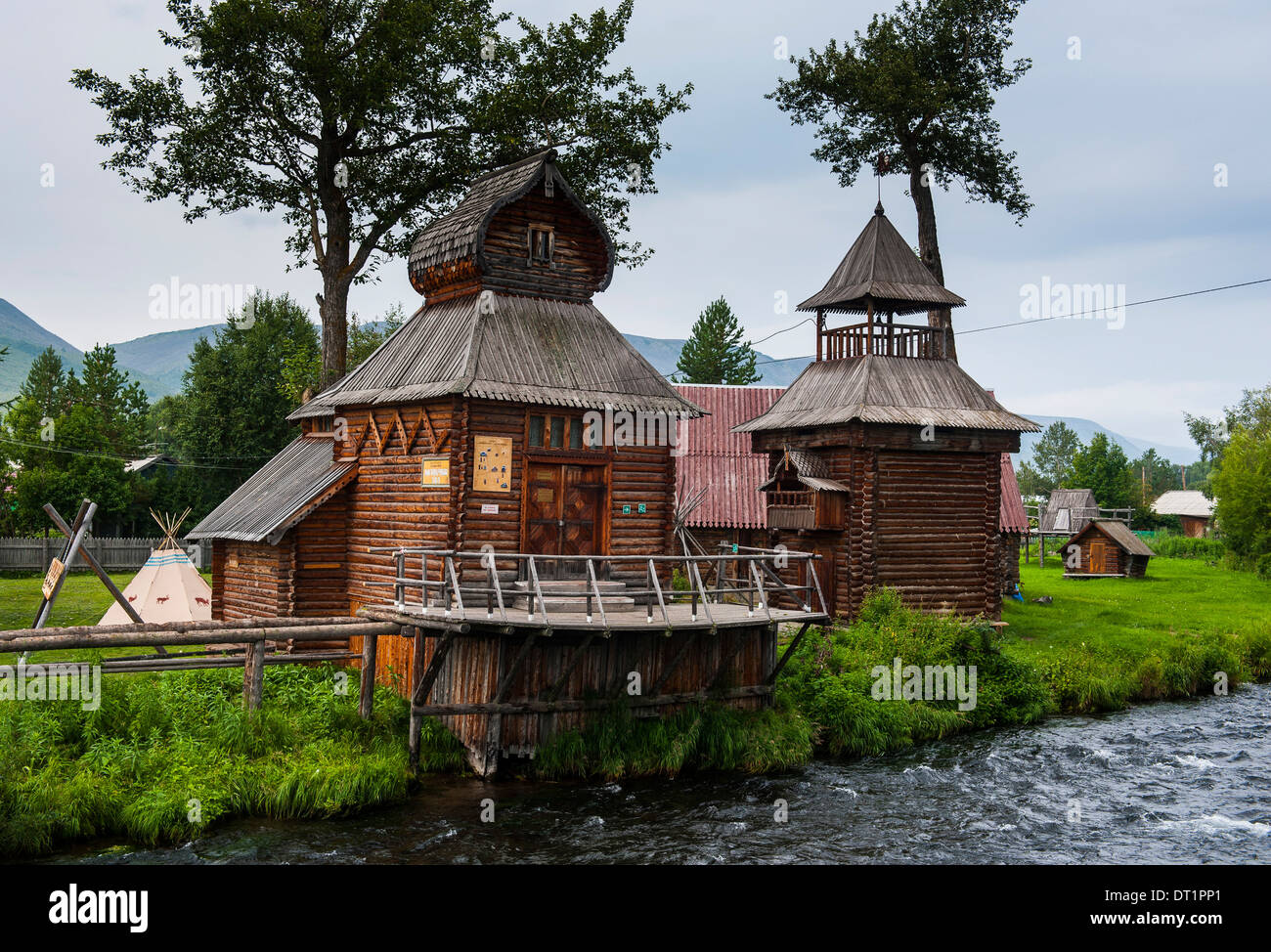 Traditional rebuilt houses in the Ewenen Museum in Esso, Kamchatka, Russia, Eurasia Stock Photo