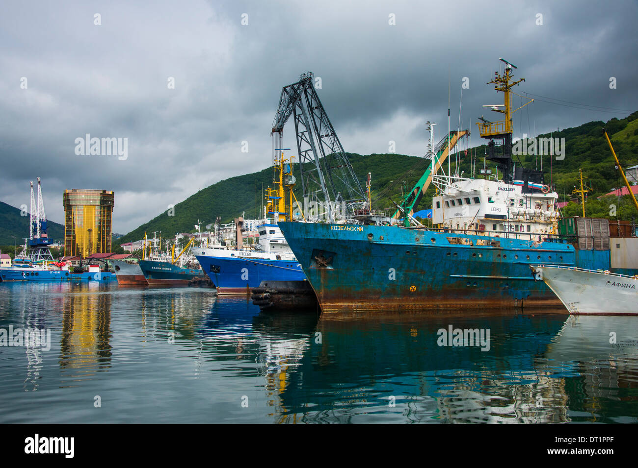Fishing trawlers in the habour of Petropavlovsk-Kamchatsky, Kamchatka, Russia, Eurasia Stock Photo
