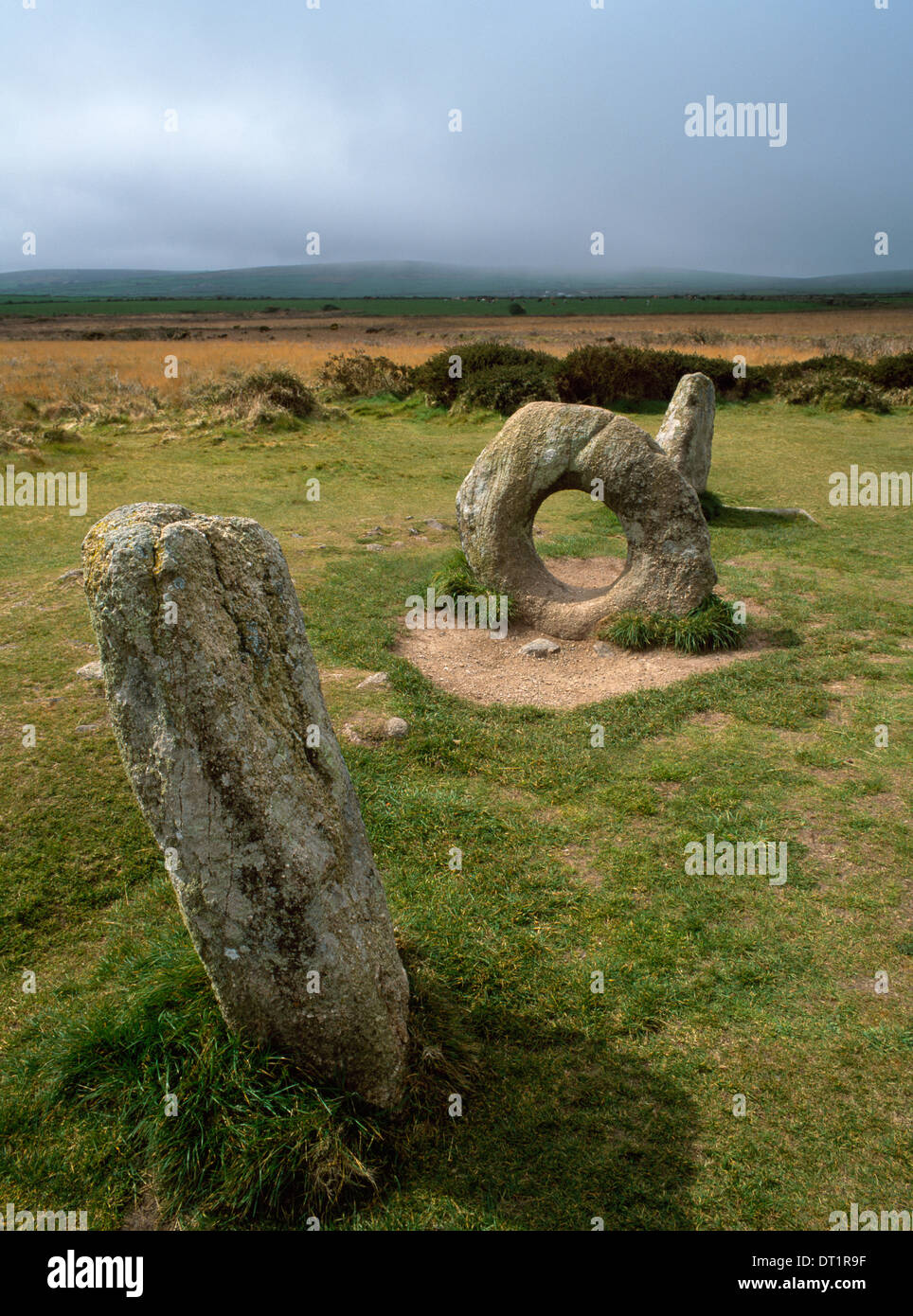 Men an Tol holed stone, Bosullow Common, West Penwith, Cornwall, is associated with folklore, healing rituals and divination. Stock Photo