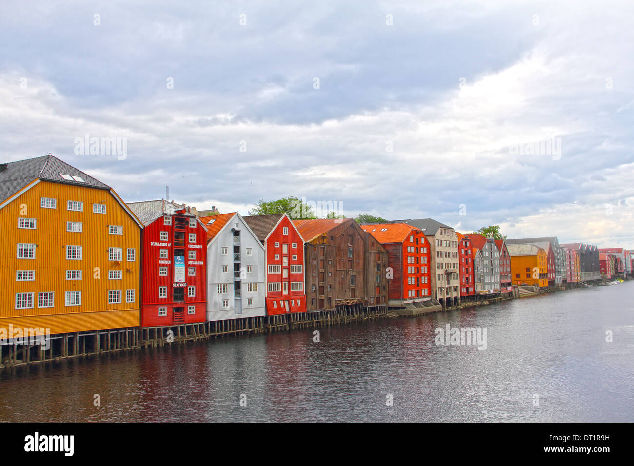 Cityscape of Trondheim, Norway with old houses on embankment Stock Photo