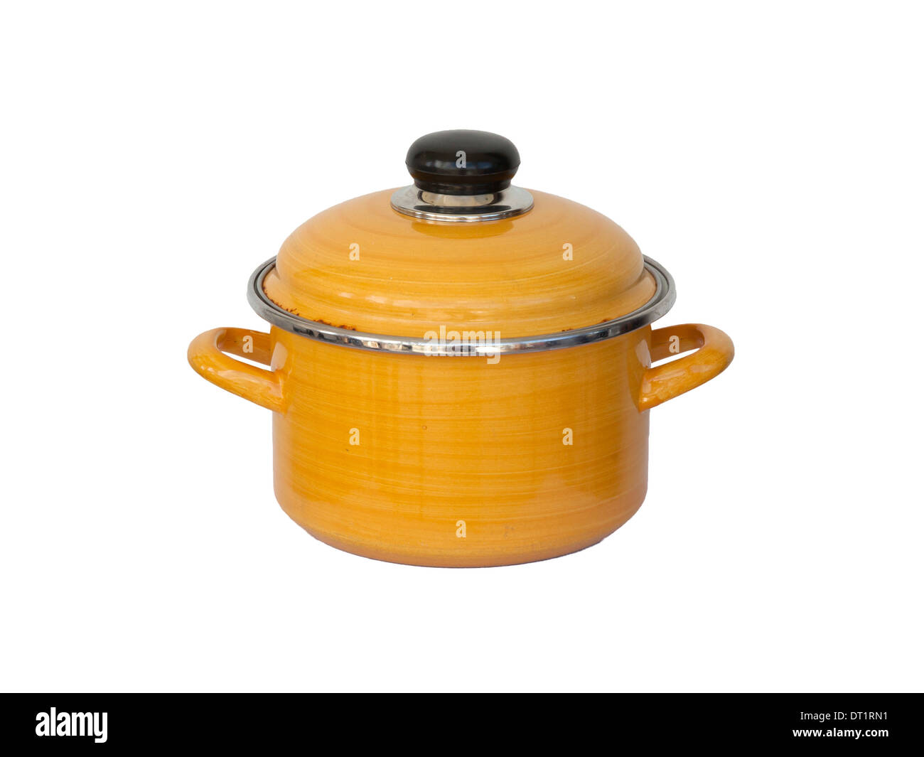 Old yellow metal cooking pot isolated on white Stock Photo