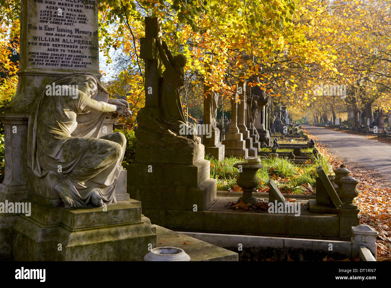 Grave stones on a sunny autumn day at the City of London Cemetery, London, England, United Kingdom, Europe Stock Photo