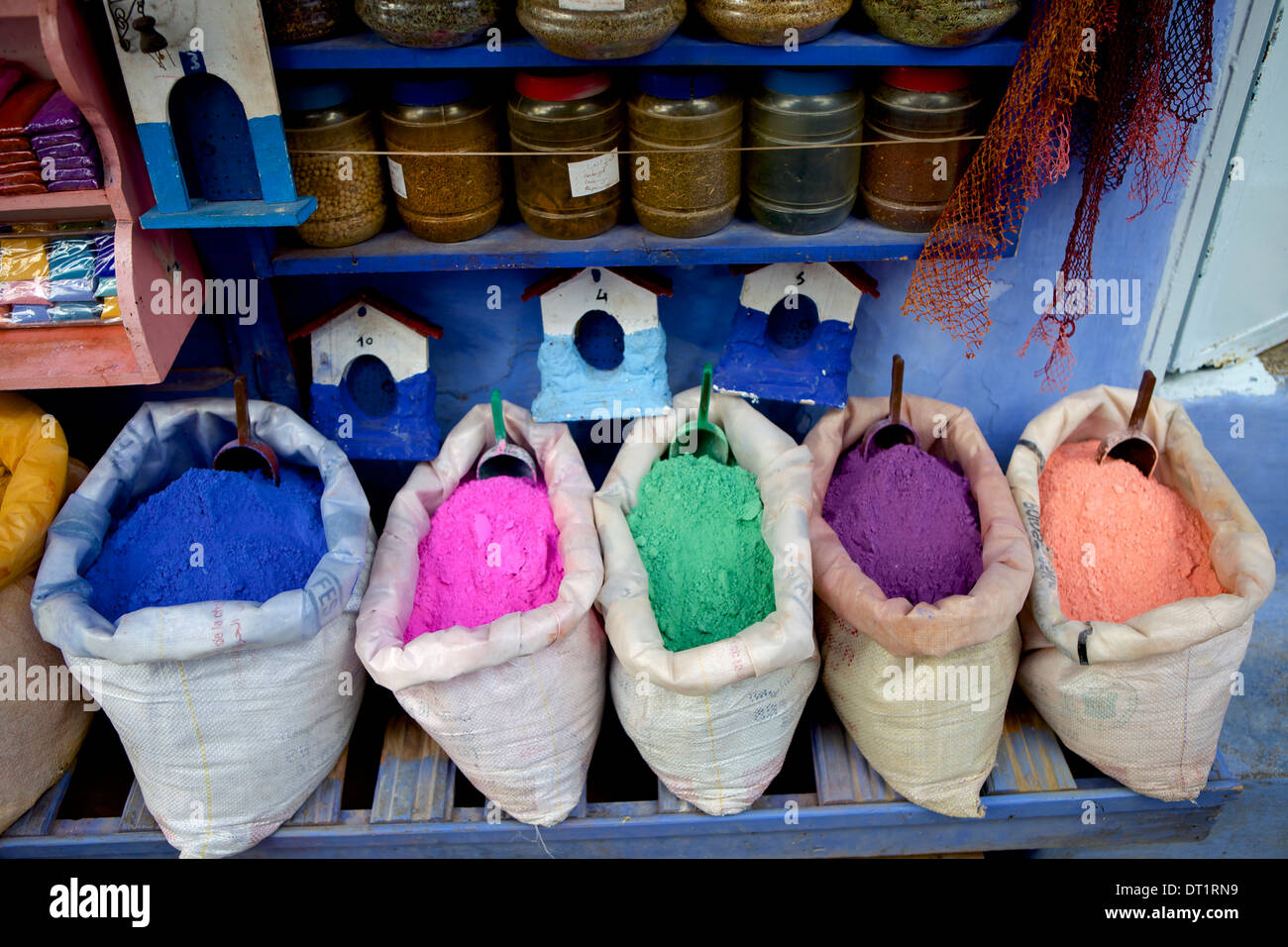 Bag of powdered pigments to make paint, Chefchaouen, Morocco, North Africa, Africa Stock Photo