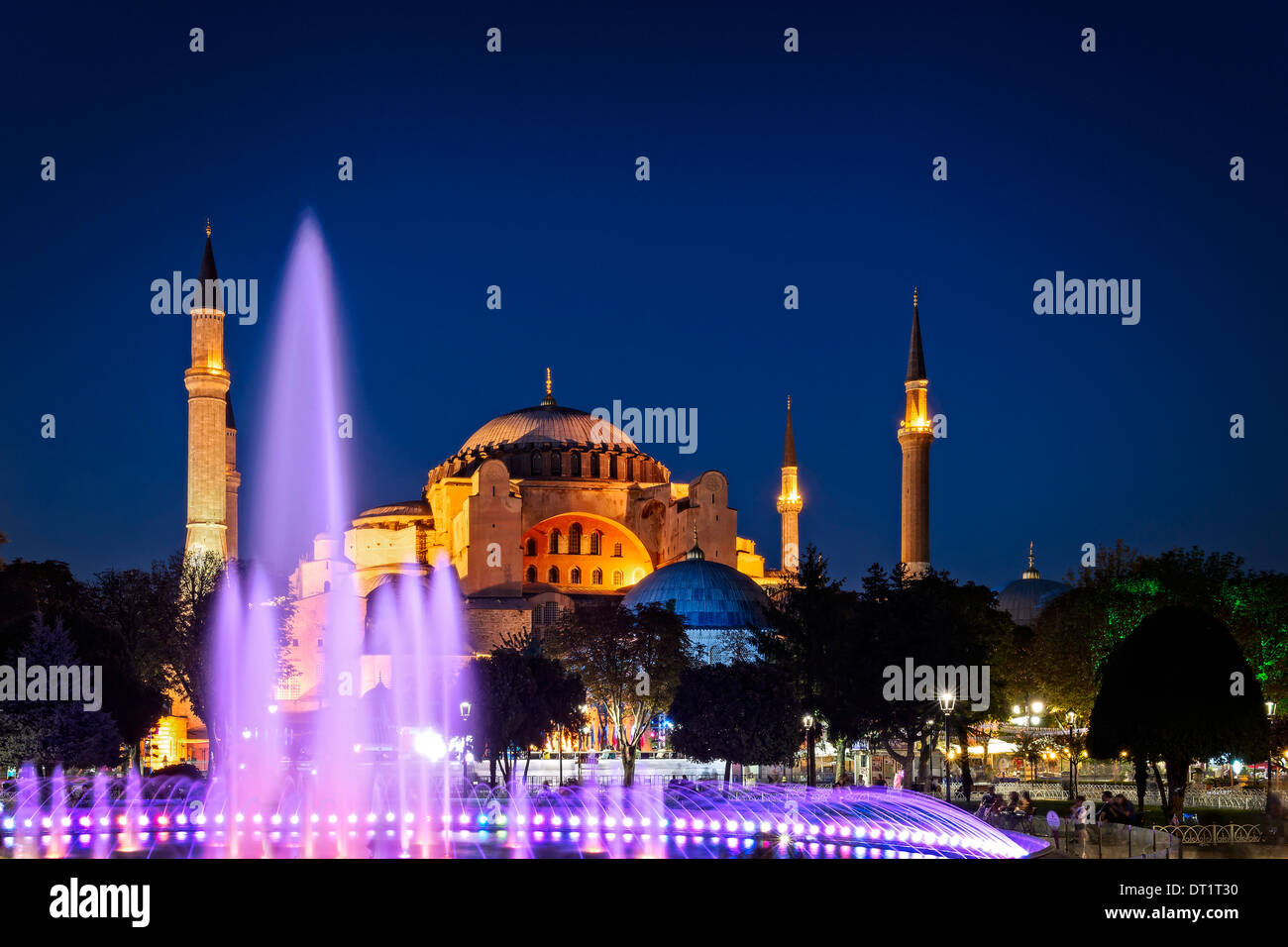 The Aya Sofya or Hagia Sophia as seen from the Sultan Ahmed Park during nighttime in Istanbul, Turkey. Stock Photo