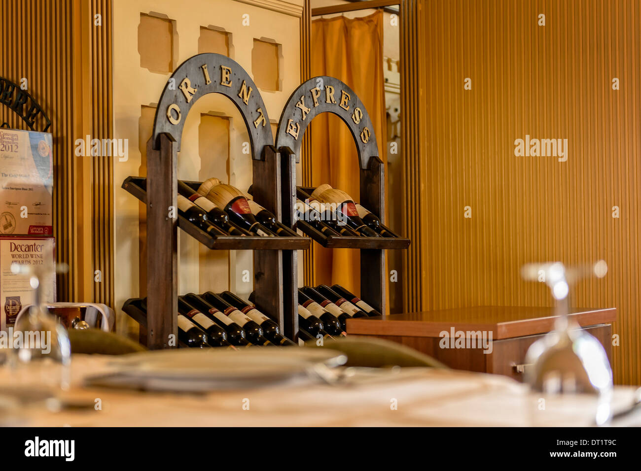 A wine rack in the Sirkeci terminal restaurant. The Orient Express train leaves from this station. Stock Photo