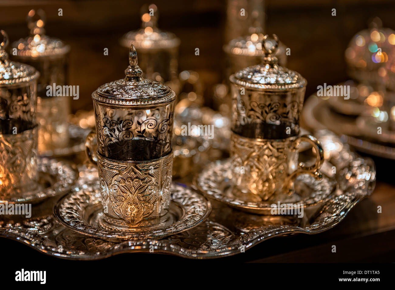 Closeup of decorative Turkish tea cups at the Grand Bazaar in Stock