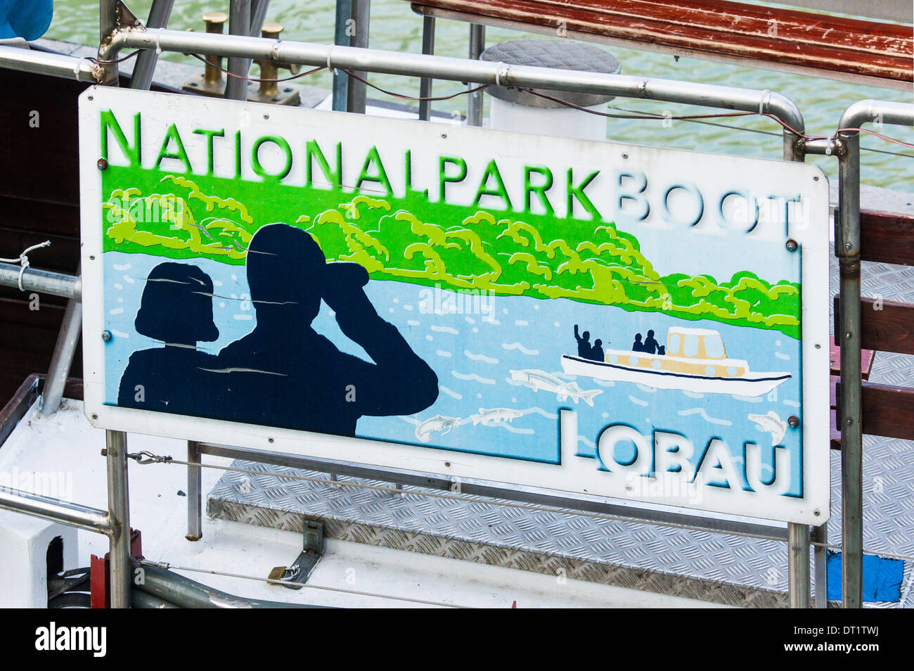 information signpost for the boat to the national park lobau at the moorings on the danube canal, vienna, austria Stock Photo