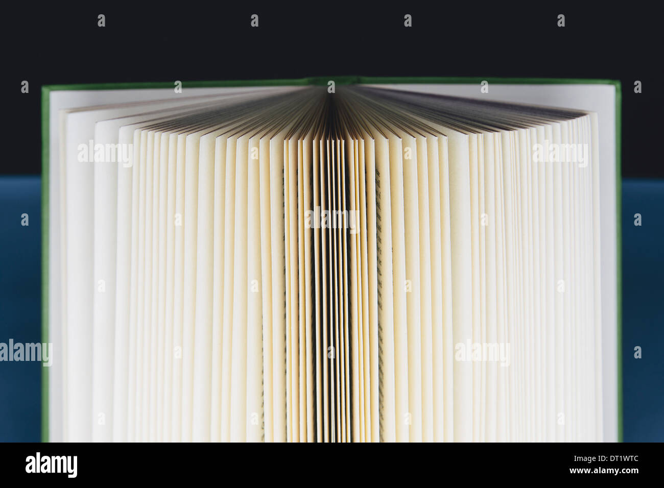A hard cover printed book opened Pages fanned out with graduated yellowing edges changing to brown and black in the centre Stock Photo