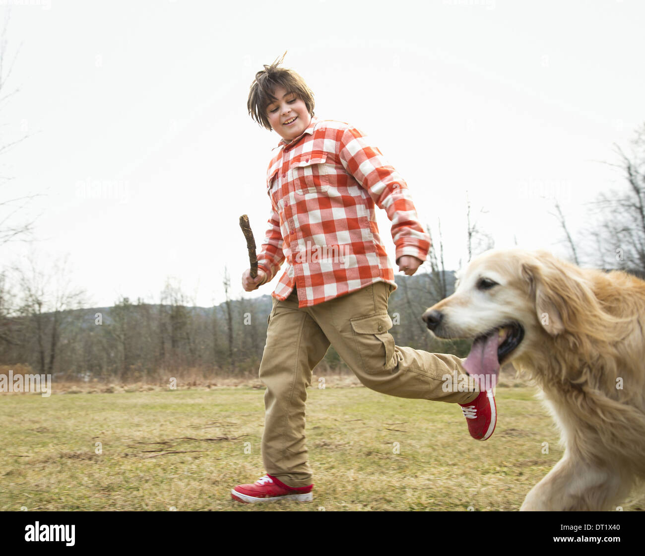 A young boy outdoors on a winter day holding a stick and running with a golden retriever dog Stock Photo