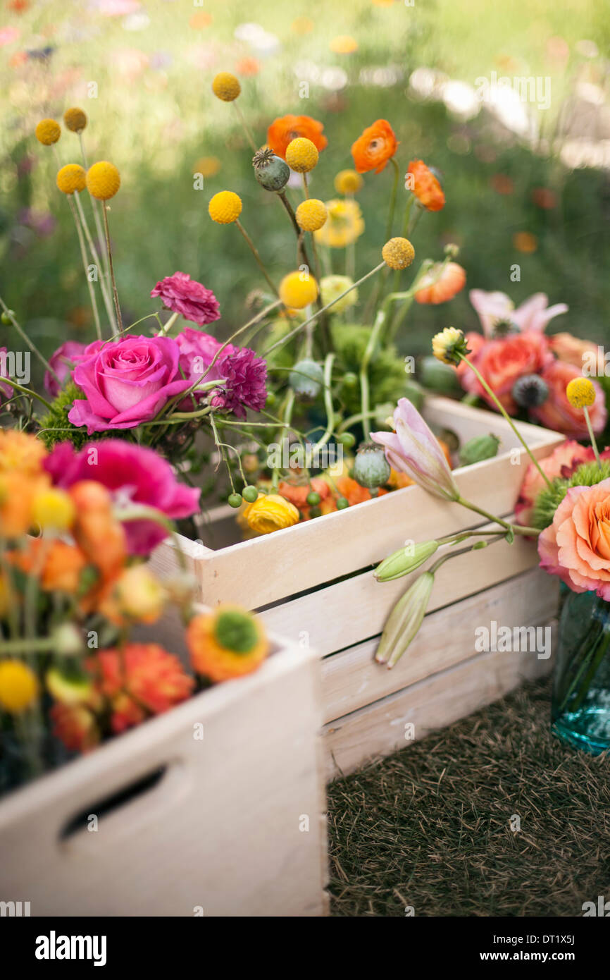 Wedding Table Decorations A Wooden Box Of Fresh Flowers Delicate