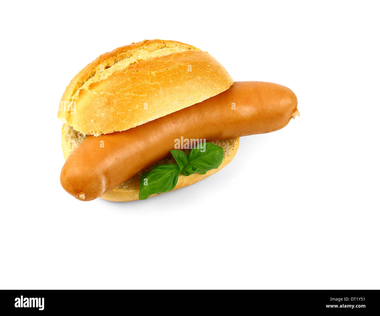German sausage with bun and basil, isolated Stock Photo