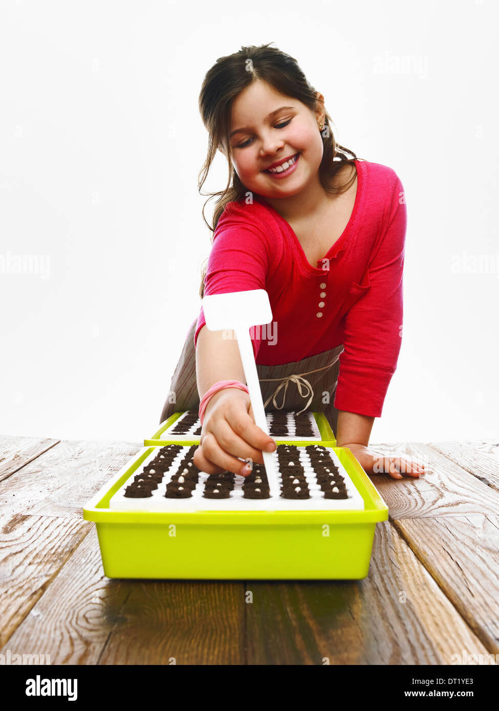A young girl planting seeds in a modular seed tray with dark organic soil Stock Photo