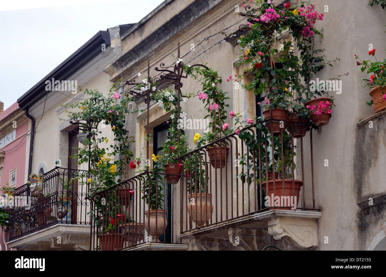 House, Balcony, Flowers, Taormina, Sicily, Italy, Europe Stock Photo
