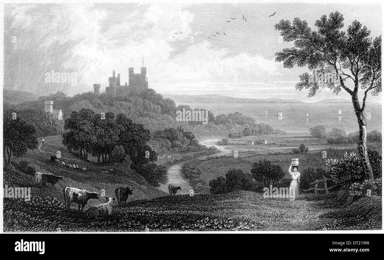 An engraving entitled Penrhyn Castle, Caernarvonshire' scanned at high resolution from a book published in the 1830's. Believed copyright free. Stock Photo
