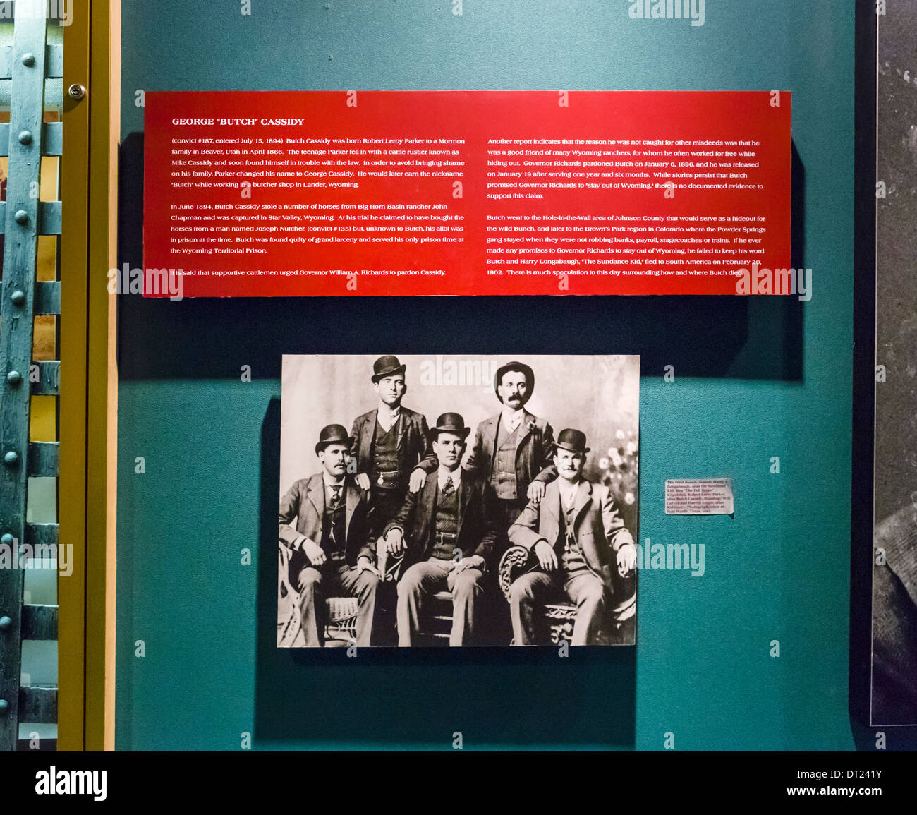 Photo of  Wild Bunch and Butch Cassidy in Wyoming Territorial Prison Museum, where he was imprisoned in 1896, Laramie, WY, USA Stock Photo