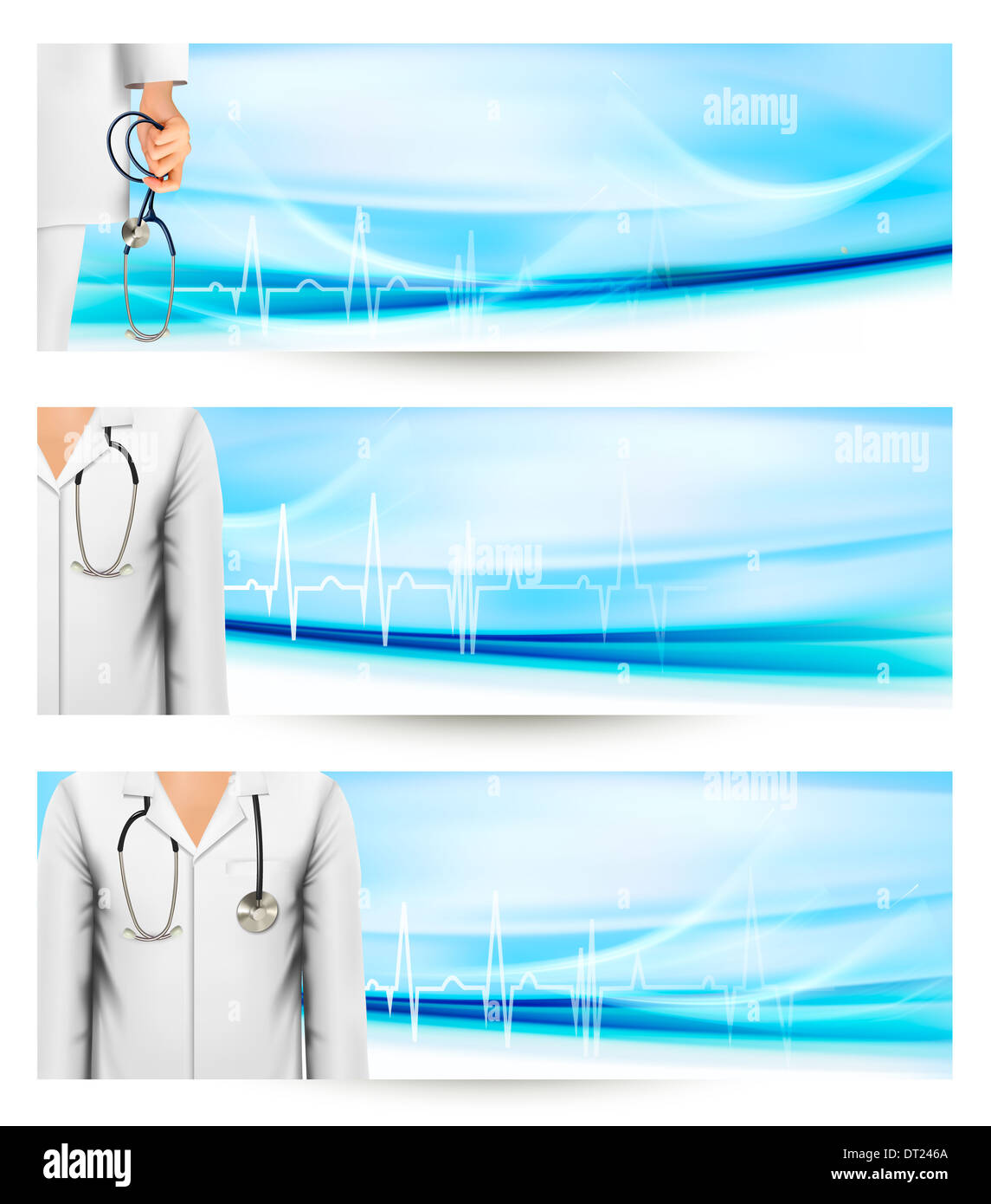 Medical banners with a doctor's lab white coat and stethoscope. Vector