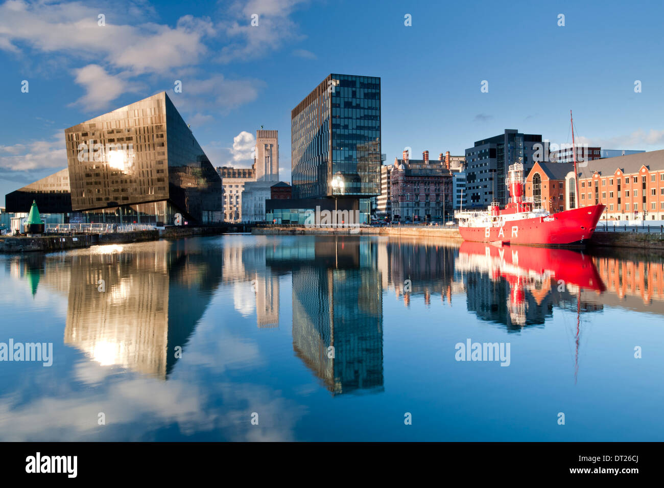 Modern Apartments, The Mersey Bar Lightship & Waterfront Buildings, Canning Dock, Liverpool, Merseyside, England, UK Stock Photo
