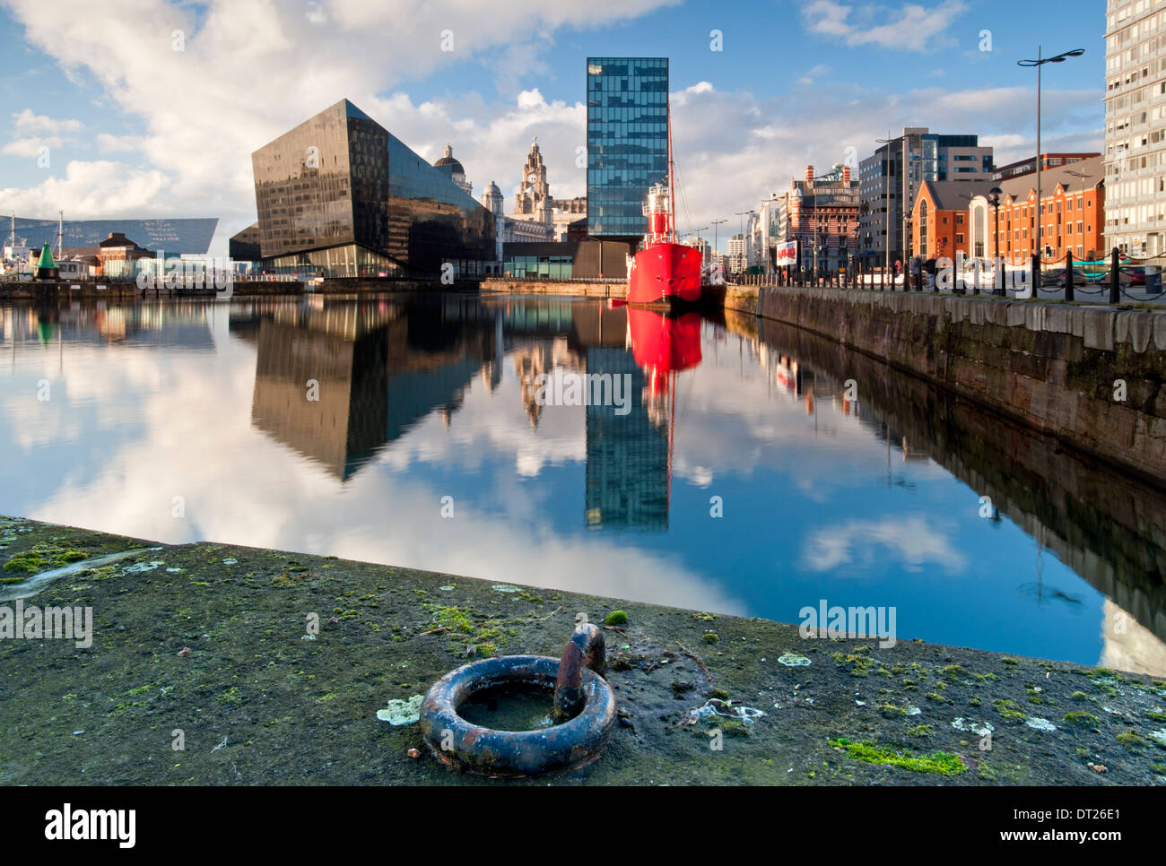 Modern Apartments, The Liver Building and Planet Bar Lightship Over Canning Dock, Liverpool, Merseyside, England, UK Stock Photo