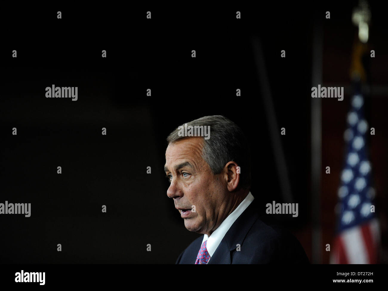Washington DC, USA. 6th Feb, 2014. U.S. House Speaker John Boehner (R-Oh) speaks during a press conference on Capitol Hill in Washington DC, capital of the United States, Feb. 6, 2014. Boehner said on Thursday that it will be difficult to pass immigration legislation this year. Credit:  Zhang Jun/Xinhua/Alamy Live News Stock Photo