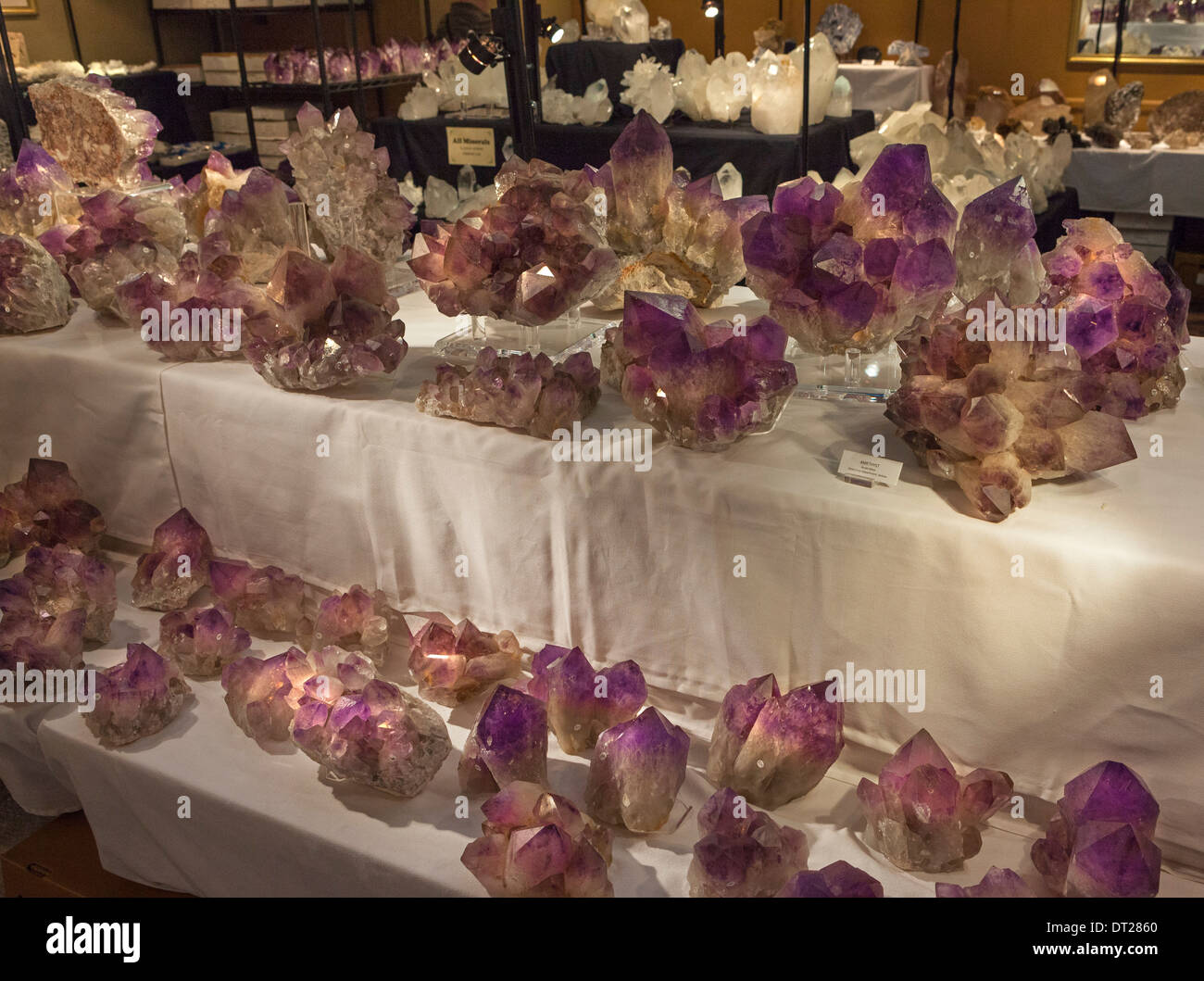 large amethyst crystals displayed for sale at the annual Gem and Mineral Show in Tucson, Arizona Stock Photo