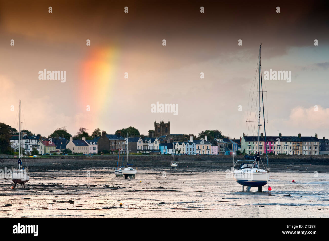 Intense Rainstorm & Rainbow Over Beaumaris, Isle of Anglesey, North Wales, UK Stock Photo