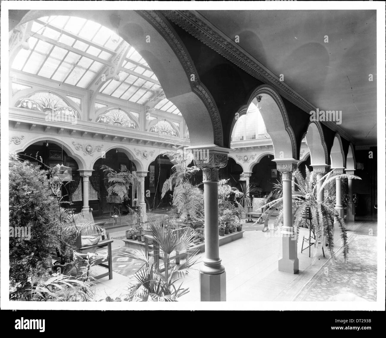 Interior view of atrium inside of the Gail Borden Jr. residence in Alhambra, shown at an angle, ca.1902-1908 Stock Photo