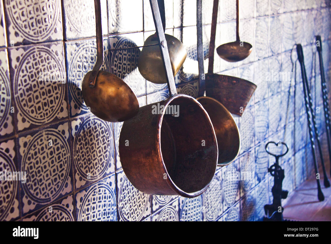 Cooking utensils in the kitchen at Casa Blanca Museum in Old San Juan, Puerto Rico Stock Photo