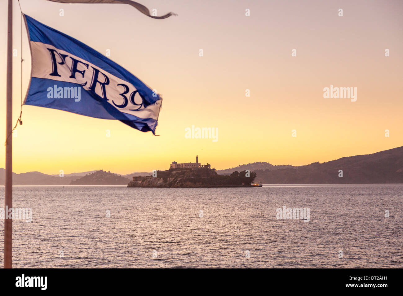 Alcatraz Island at sunset,viewed from Pier 39,North Beach,San Francisco,California Stock Photo
