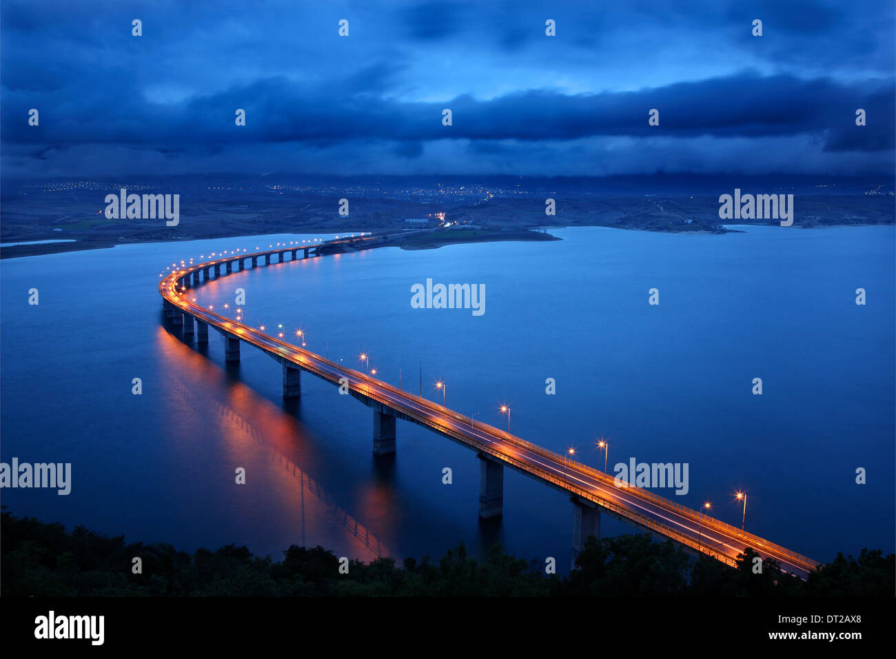 The "High" bridge of Servia (1372 meters long) and Polyfytos lake, Kozani, Macedonia, Greece. Stock Photo