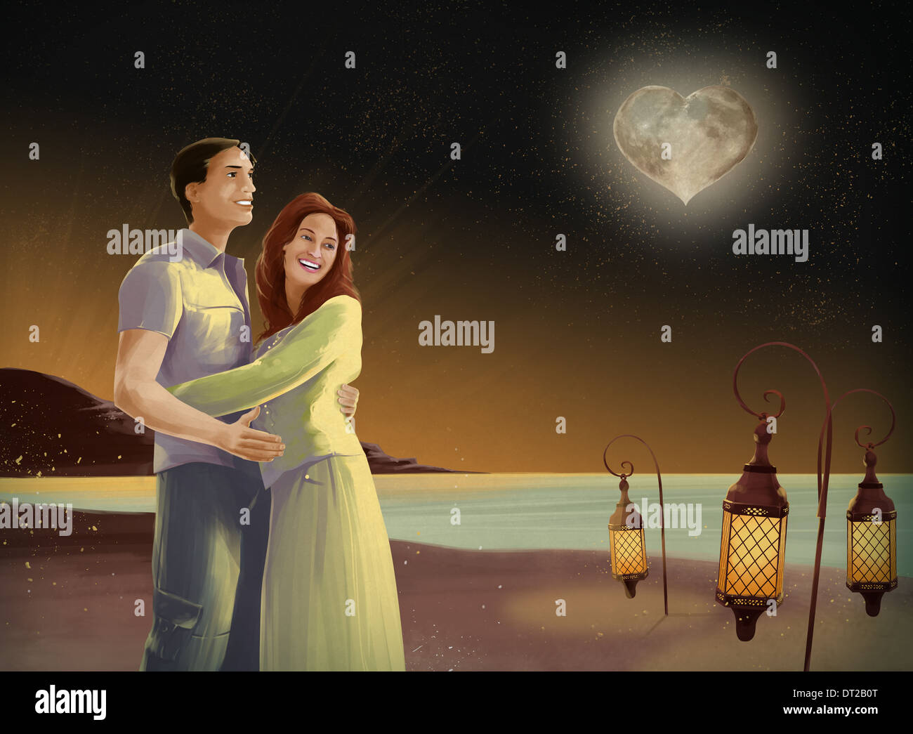 Illustrative image of couple embracing on beach at night with heart shape moon Stock Photo