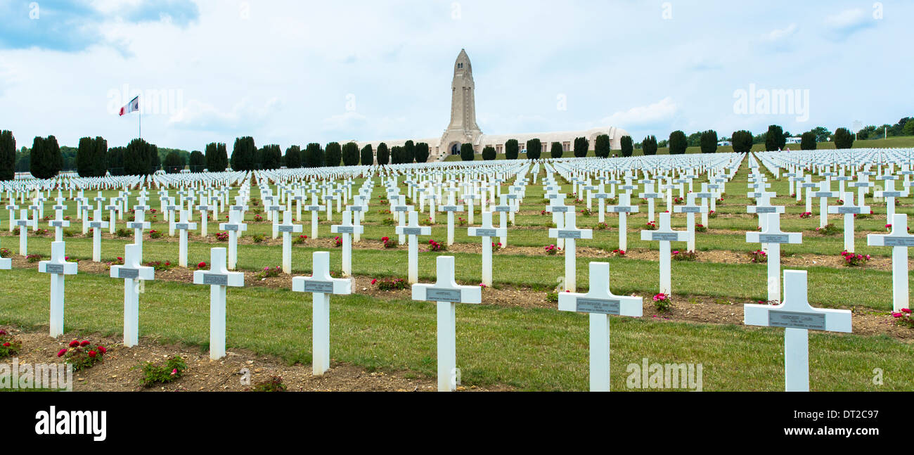 Cemetery of Douaumont and the ossuary, Ossuaire de Douaumont, at Fleury-devant-Douaumont near Verdun, France Stock Photo