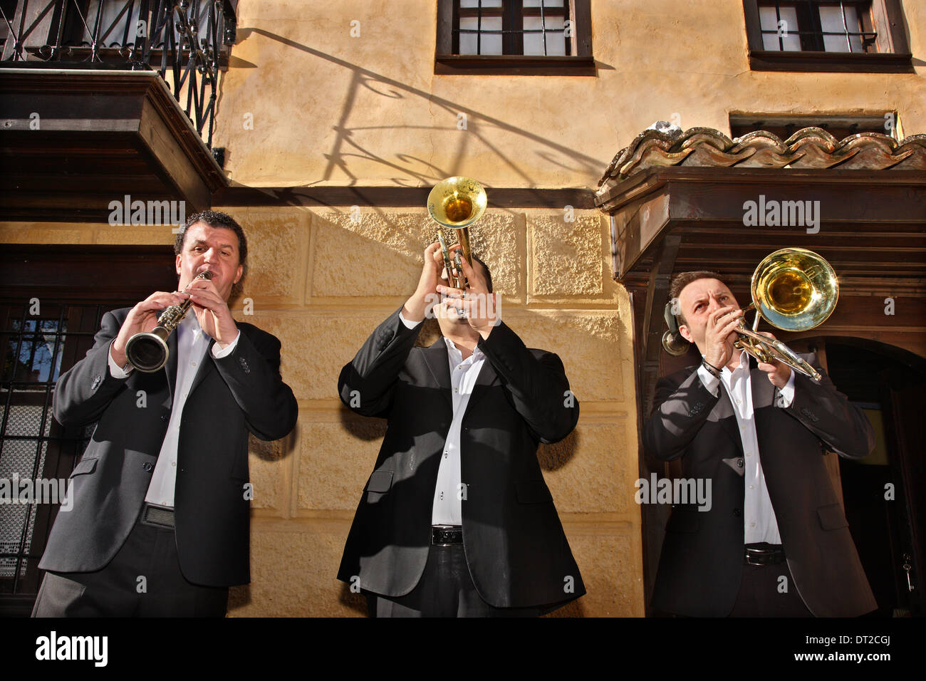 Members of the 'Pavlos Melas' brass band from Siatista, Kozani, Macedonia, Greece. Photo taken in the Dolgiras mansion. Stock Photo