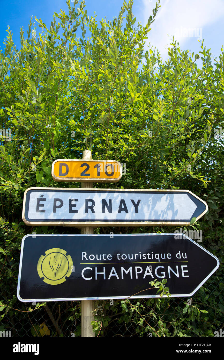 Sign for Epernay, D210 and the Tourist Route of Champagne - Route Touristique du Champagne - in Champagne-Ardenne region, France Stock Photo