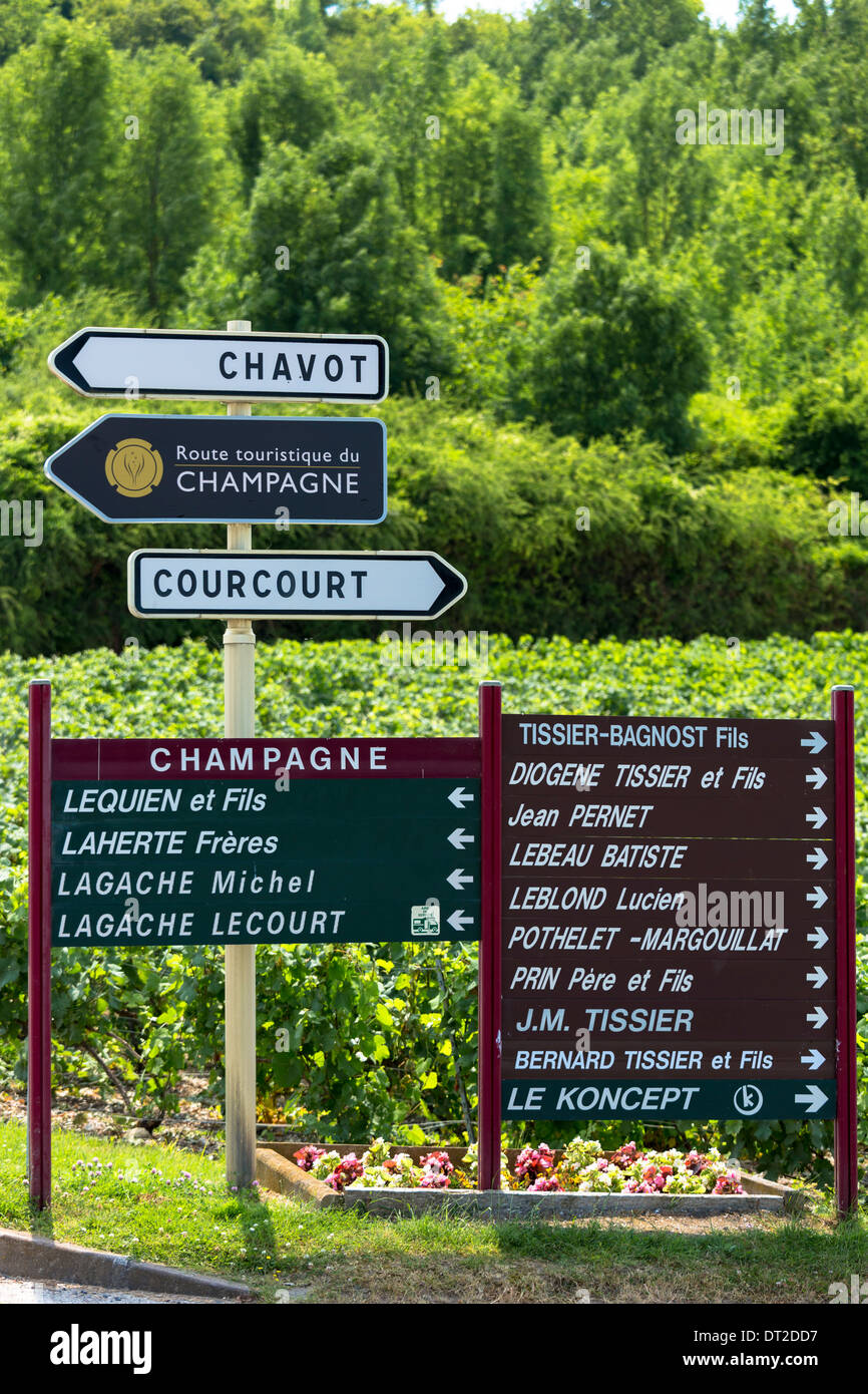 Signs at Chavot for individual champagne houses on Tourist Route of Champagne in Marne Valley, Champagne-Ardenne region, France Stock Photo