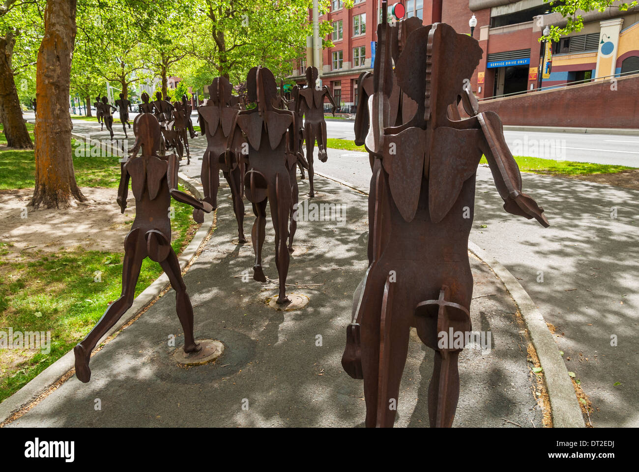 Washington, Spokane,"The Joy of Running Together" metal sculpture installation by artist David Govedare, 1985 Stock Photo