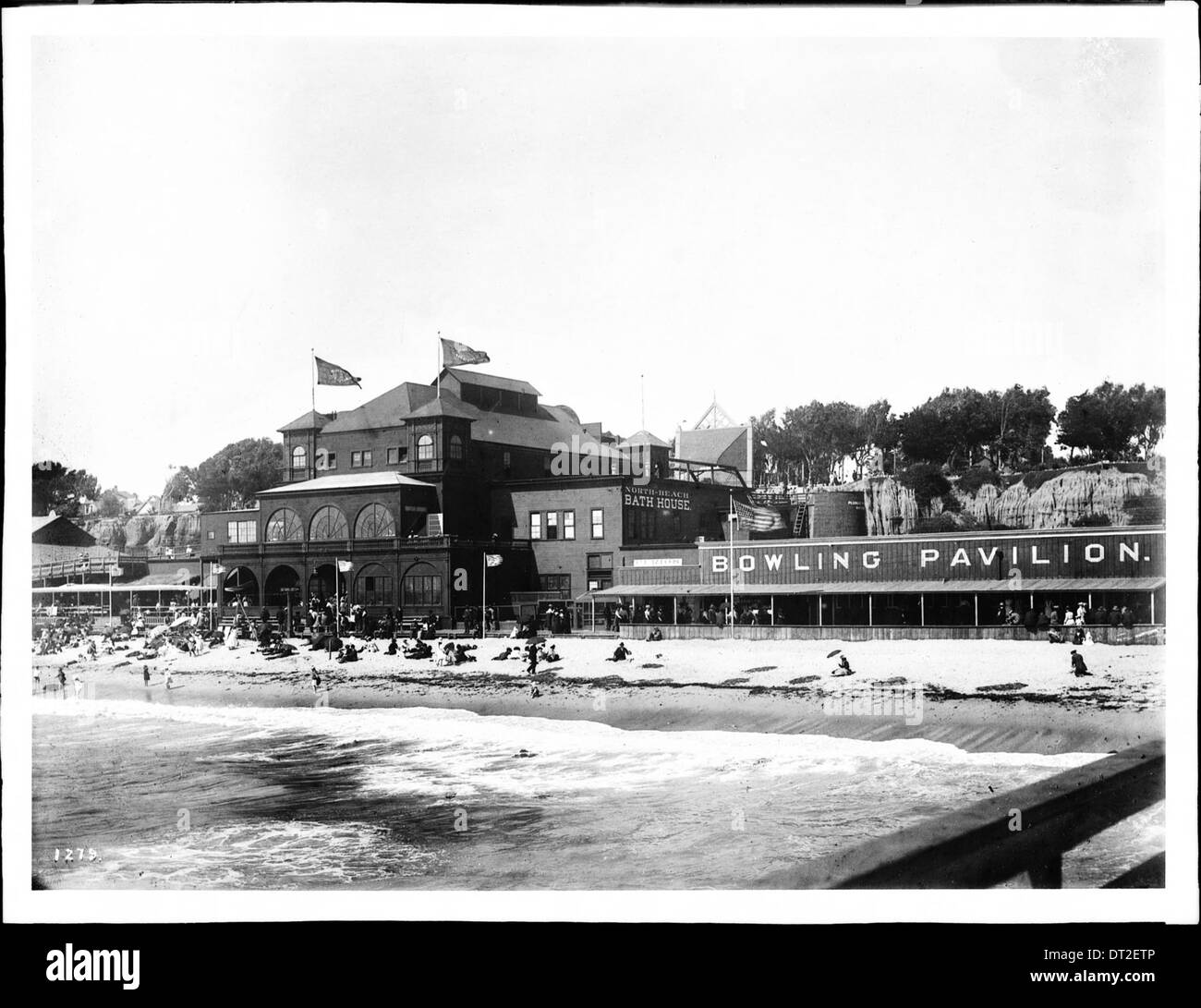 A photograph of the North Beach Bath House and bowling pavilion in Santa Monica, taken around 1905, showing the seaside recreational facilities of the time. Stock Photo