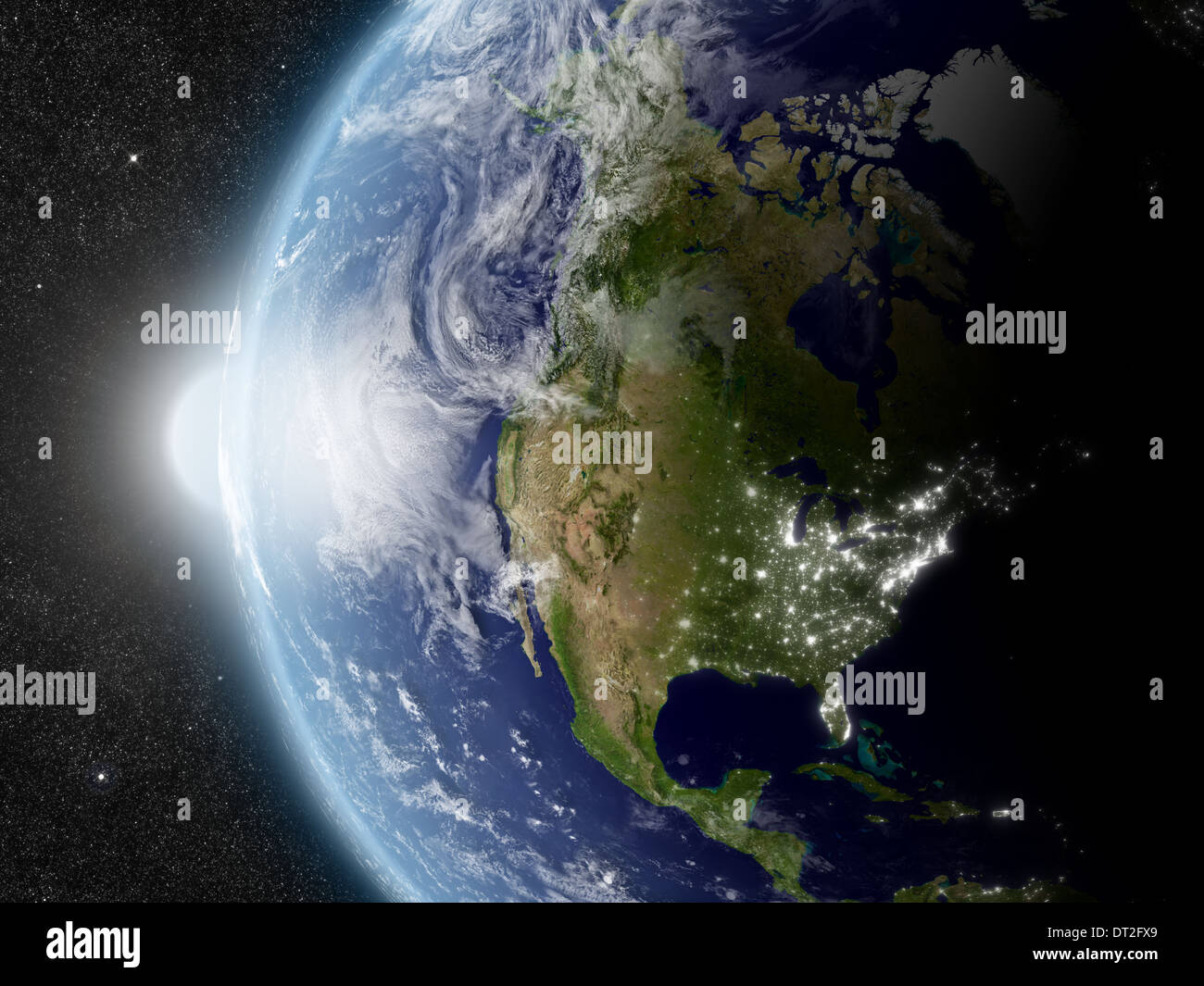 Sunset over North Americaregion on planet Earth viewed from space with ...