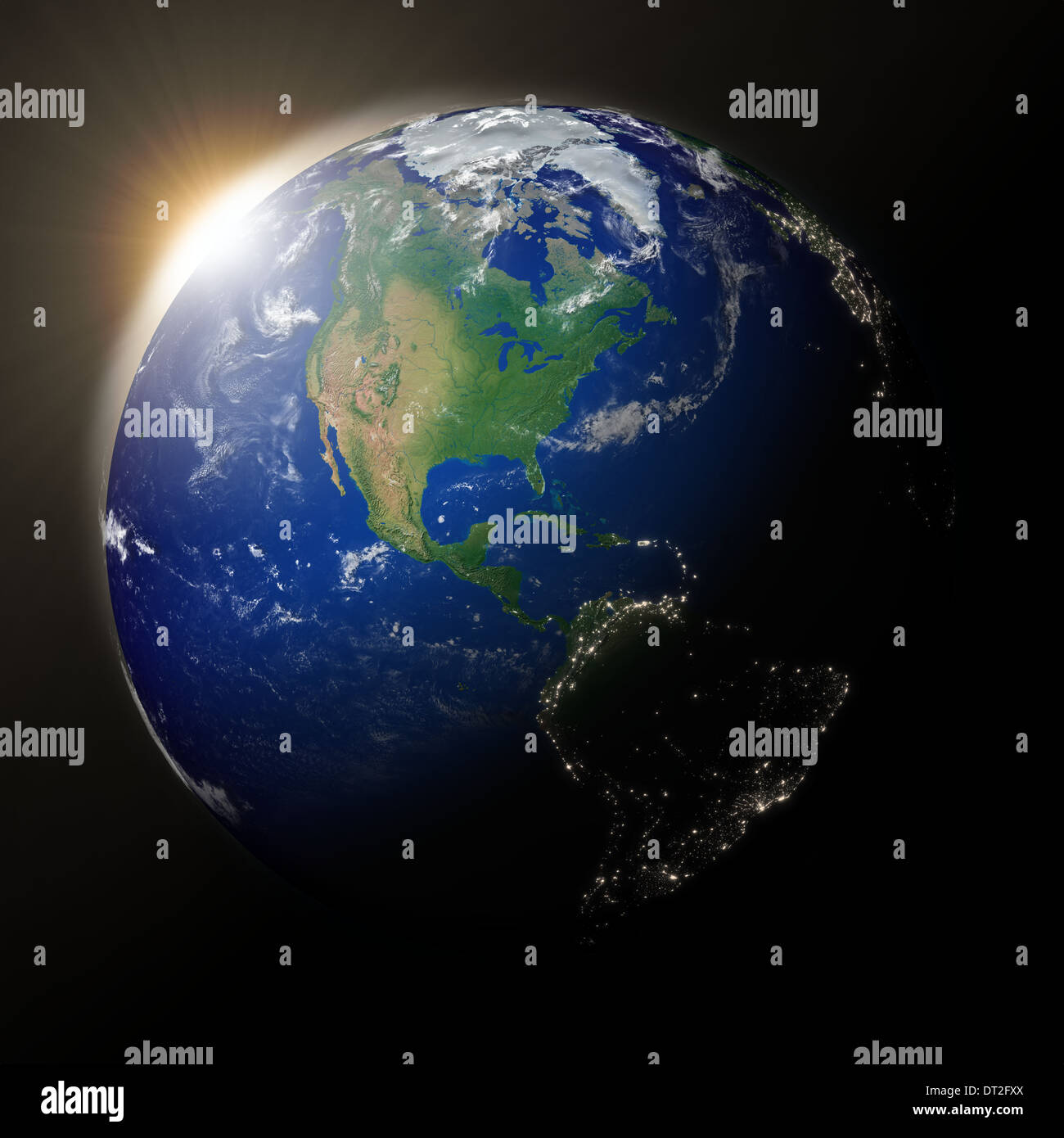 Sunset over North America on blue planet Earth. High detail planet ...