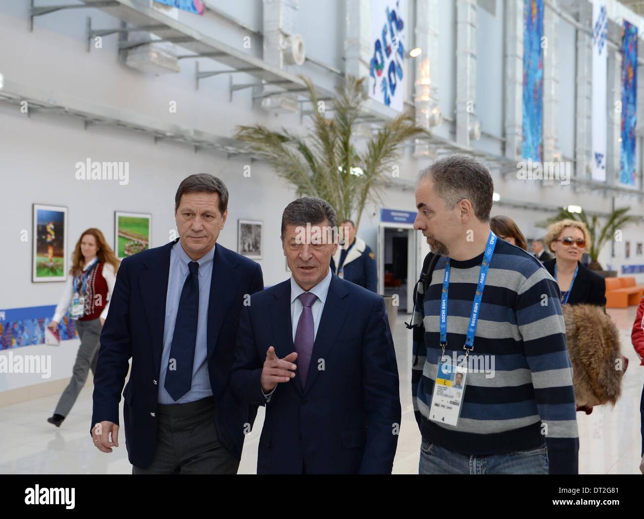Sochi, Russia. 06th Feb, 2014. Dmitry Kozak (Deputy Prime Minister of the Russian Federation, centre) tours the Main Press Centre (MPC) at the Sochi 2014 winter olympic games. Sochi, Russia. 06/02/2014 Credit:  Sport In Pictures/Alamy Live News Stock Photo