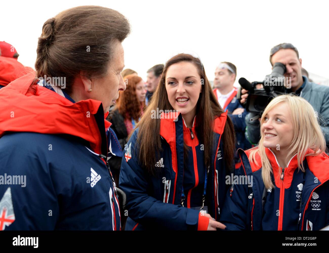 Sochi, Russia. 06th Feb, 2014. Her Royal Highness, The Princess Royal speaks to Penny Coomes (Ice Dance) and Jenna McCorkell (Figure Skating)at  the welcoming ceremony for TeamGB. Olympic Park. Sochi, Russia. 06/02/2014 Credit:  Sport In Pictures/Alamy Live News Stock Photo