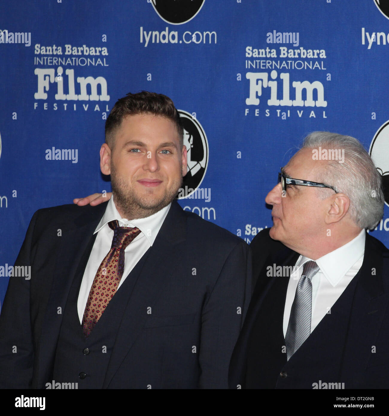 Director Martin Scorsese and actor Jonah Hill on the red carpet. Stock Photo