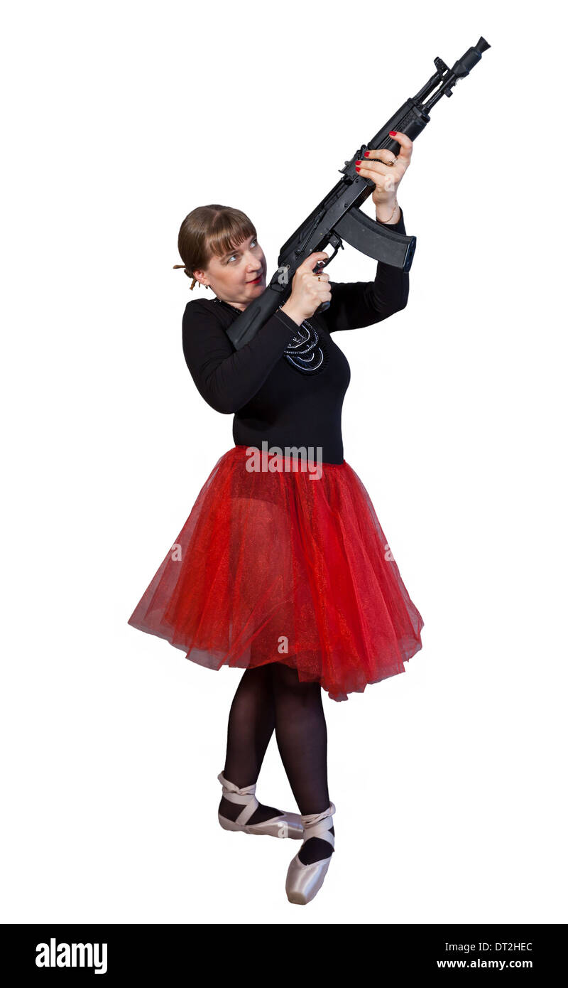 Attractive woman in black and red ballerina dress with assault rifle Kalashnikov on isolated background Stock Photo