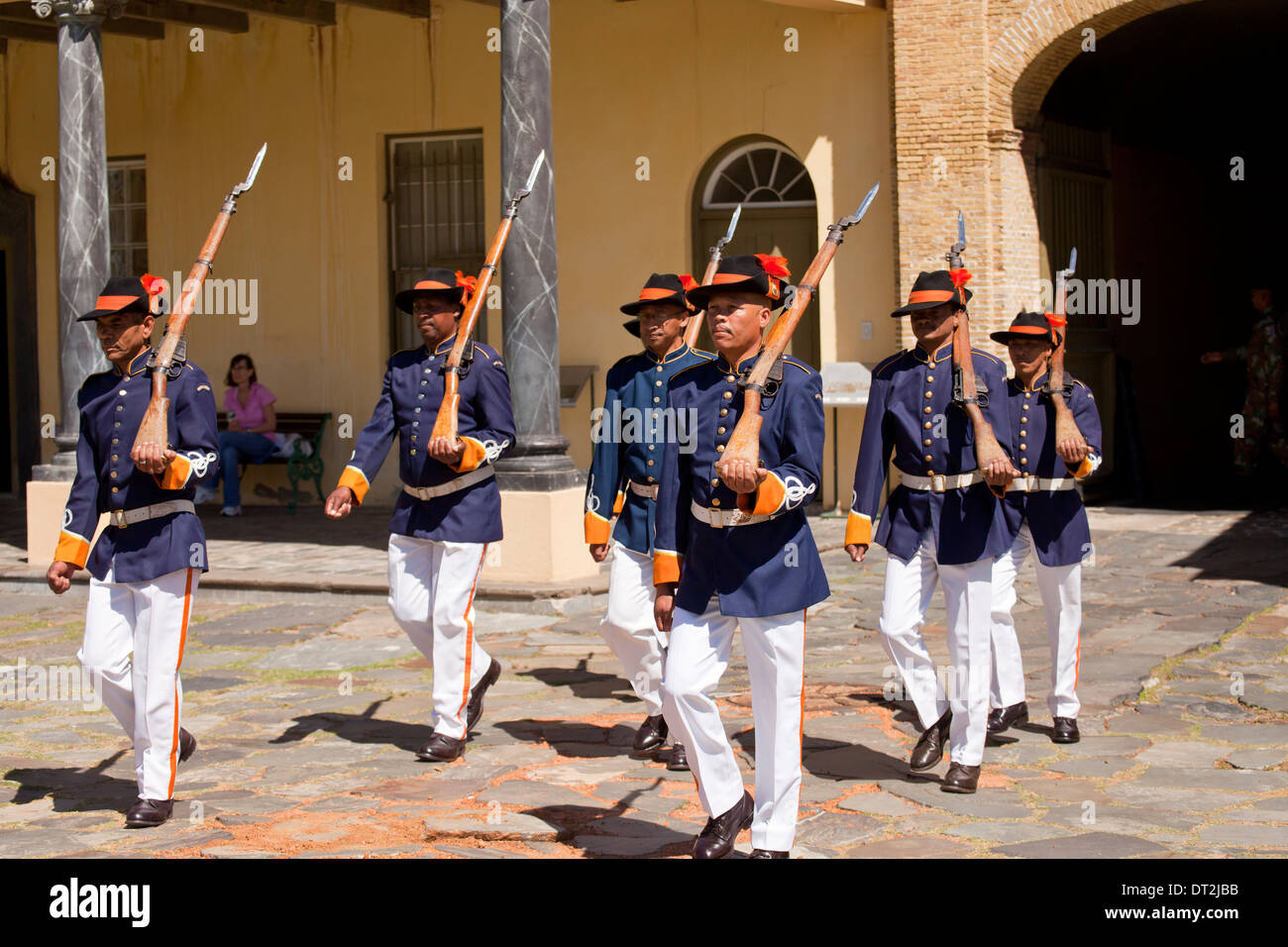 guards in historic uniform during the Key Ceremony at the Castle of Good Hope, Cape Town, Western Cape, South Africa Stock Photo