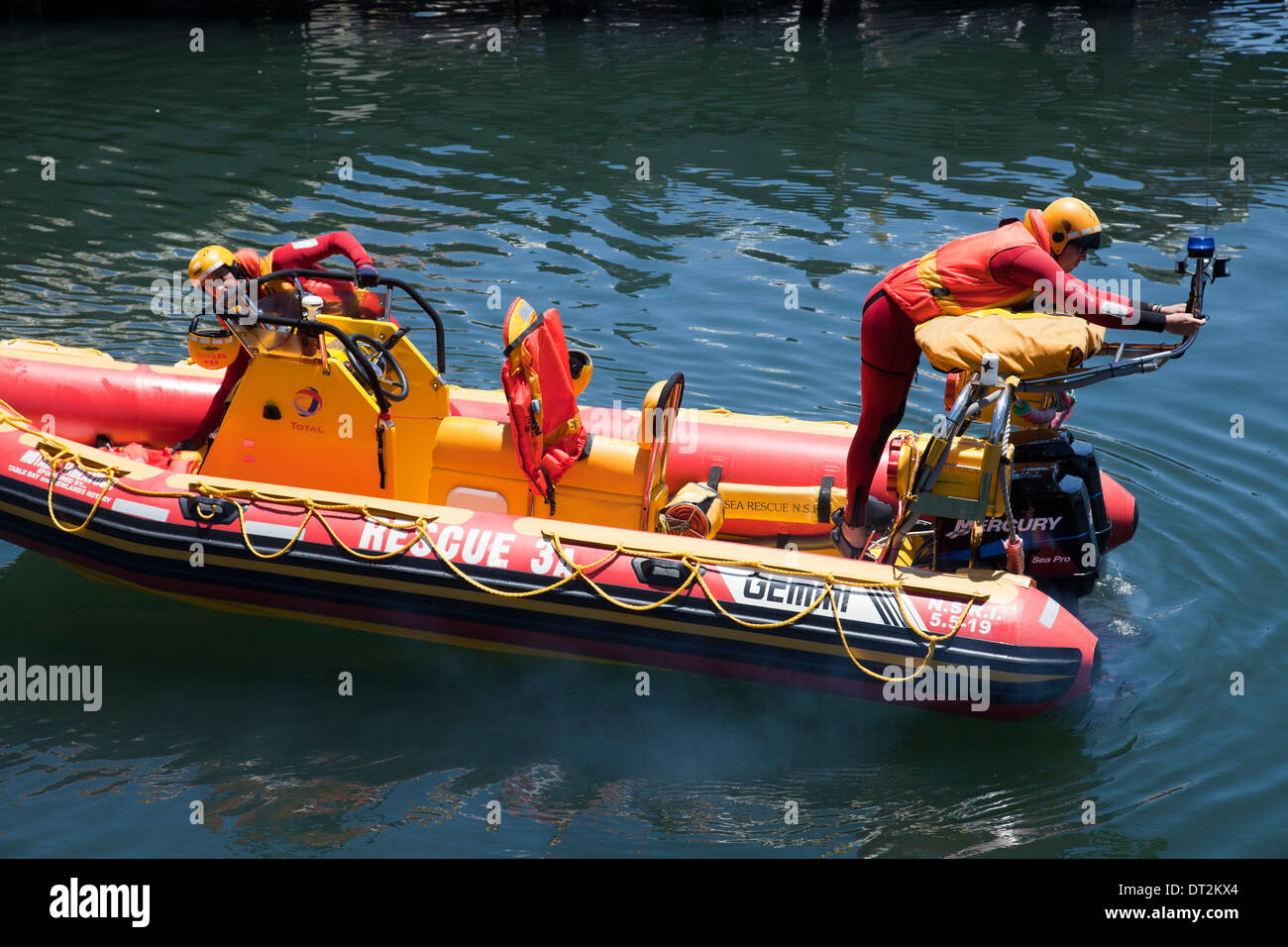 National Sea Rescue Institute Boat with Volunteers on Table Bay in Cape Town - South Africa Stock Photo