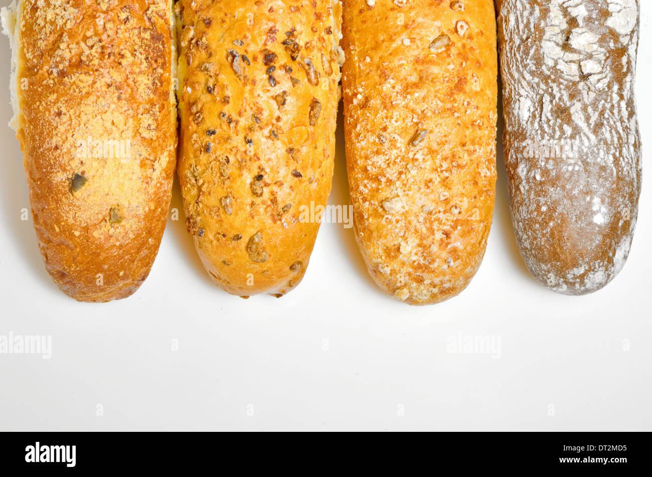 types of French bread on white background Stock Photo
