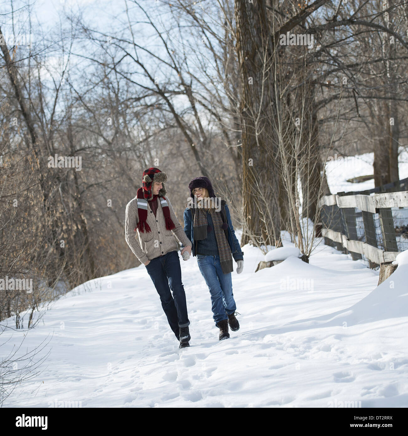 Winter scenery with snow on the ground A couple walking hand in hand along a path Stock Photo