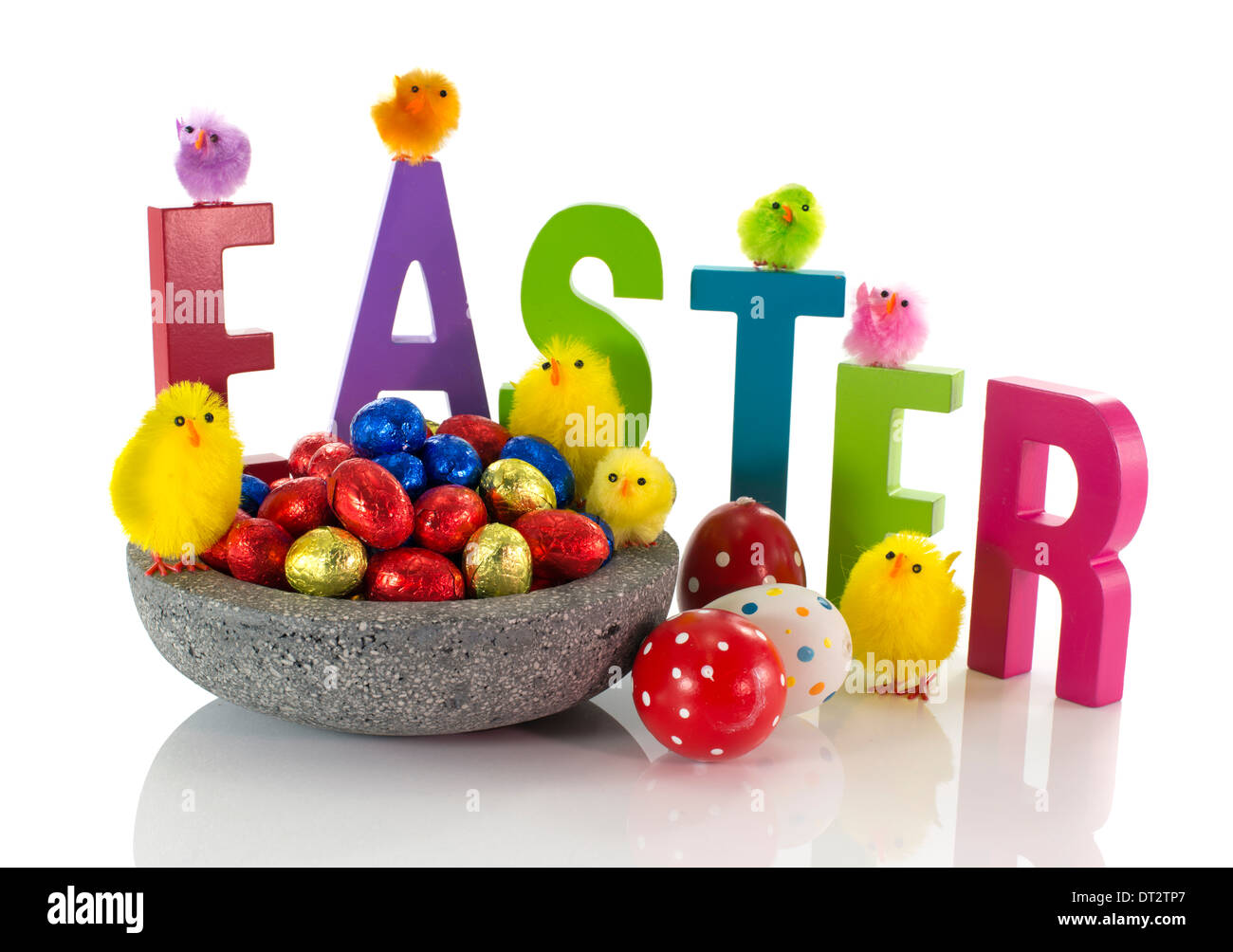concrete dish with easter eggs chicks and isolate on white Stock Photo