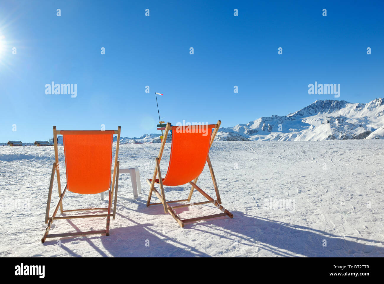 wooden chair on top of mountaint Stock Photo